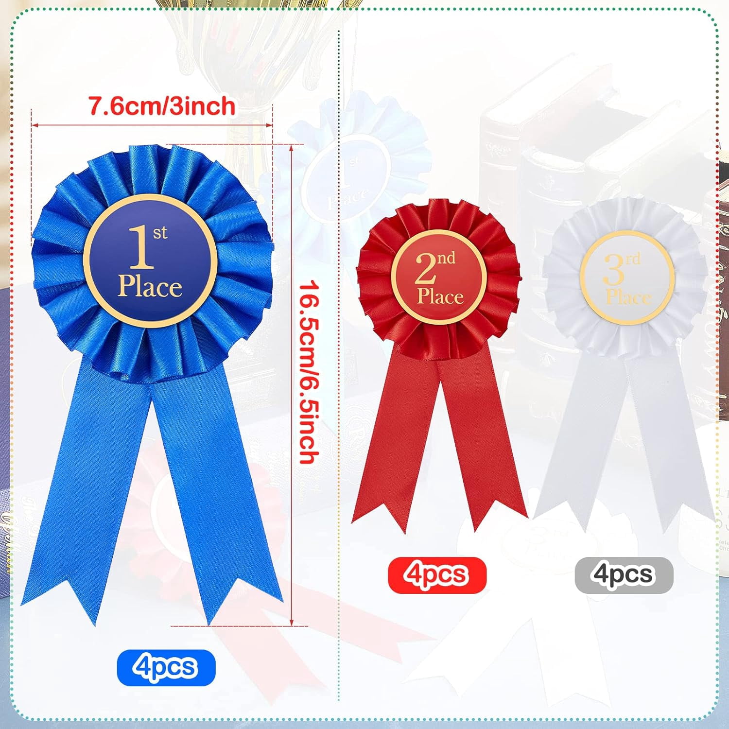 Award Ribbon Rosette Set Satin Participation Ribbon Honorable Awards Badge Blue Red and White Prizes 1st 2nd 3rd Place Medals for Classroom Prize Science Fair Talent Show(12 Pcs)
