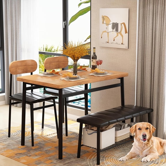 LinkRomat 4-Piece Dining Table Set with Bench & Chairs, Industrial Kitchen Table for 4, Metal Frame with Storage Rack, for Small Space, Apartment