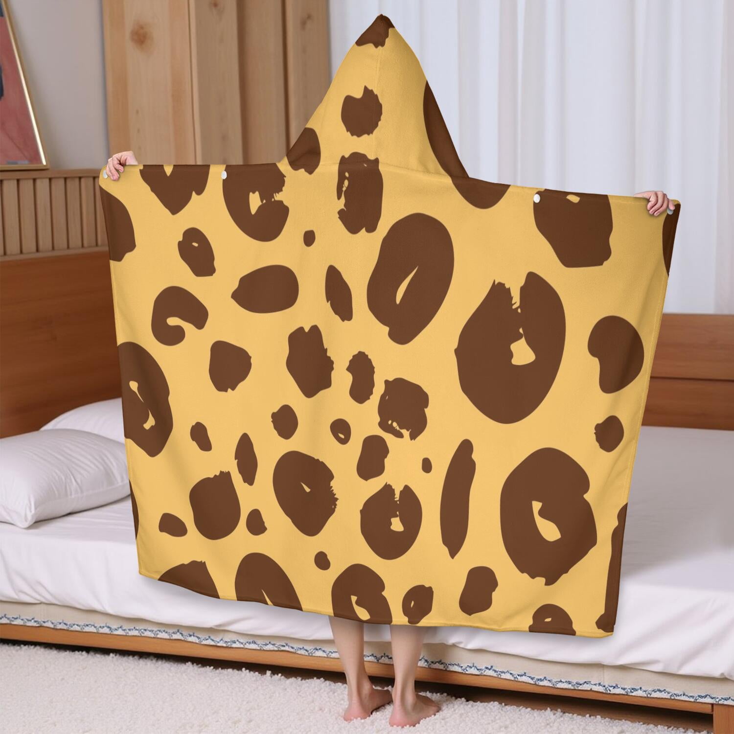 Yellow and Brown Of Leopard Print Hooded Bath Towel，60"x35" for Ages 3 To 12 Kids, Quick Dry Lightweight Soft Microfiber Hood Beach Towel Cover Up for Kids
