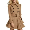thumbnail image 2 of Women's Wool Blend Coat, Double Breasted Lapel Trench Coat, Slim Fit Belted Waist Jacket, Mid-Length Winter Work Coat, Casual Dressy Coat Khaki L, 2 of 4