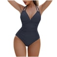 thumbnail image 2 of Traje de baño de una pieza para mujer, color sólido, cuello colgante, plisado, sin espalda, conservador, ajustado, traje de baño para mujer, traje de baño de moda de playa para mujer, trajes de baño d, 2 of 3