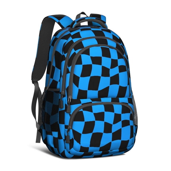 Blue and Black Wavy Checkered Pattern Backpack for School, Cute School Bag with Adjustable Shoulder Straps and Padded Back, 16.9"x12.6"x5.9"