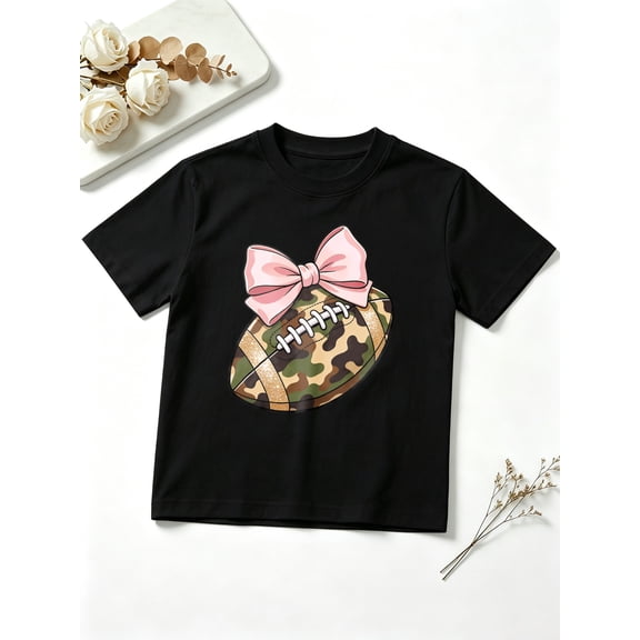 Girls Graphic Tees Camouflage Football Bow Short Sleeve Kids T-Shirt, 100% Cotton Soft Casual Tops for Children