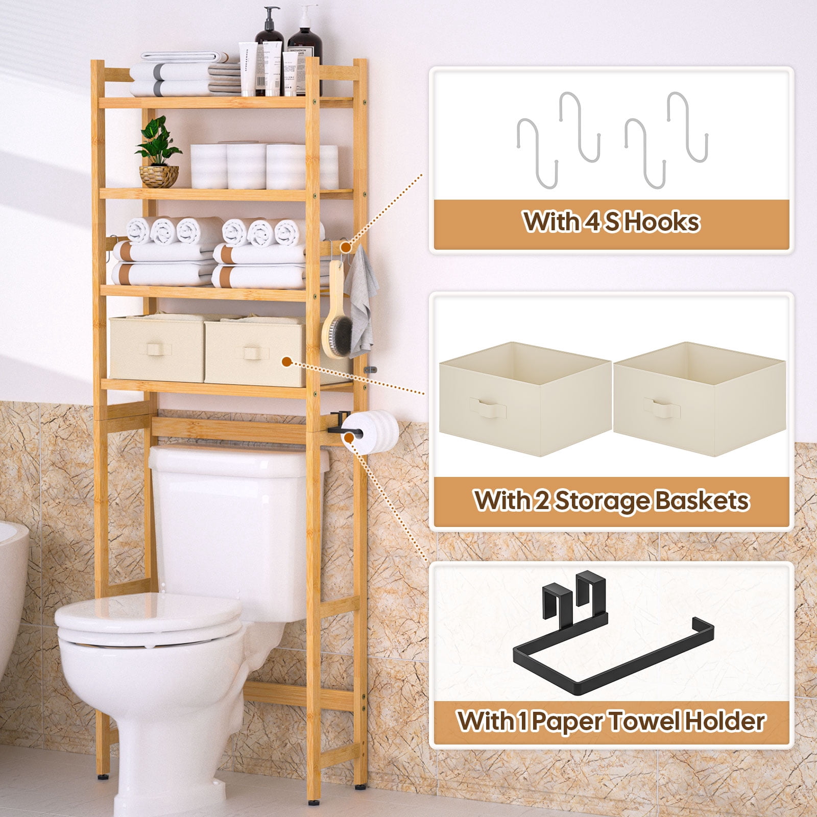 Enogets Over the Toilet Storage, Bamboo Bathroom Shelf Organizer with 2 Baskets & 4 Hooks, 4-Tier Space Saver