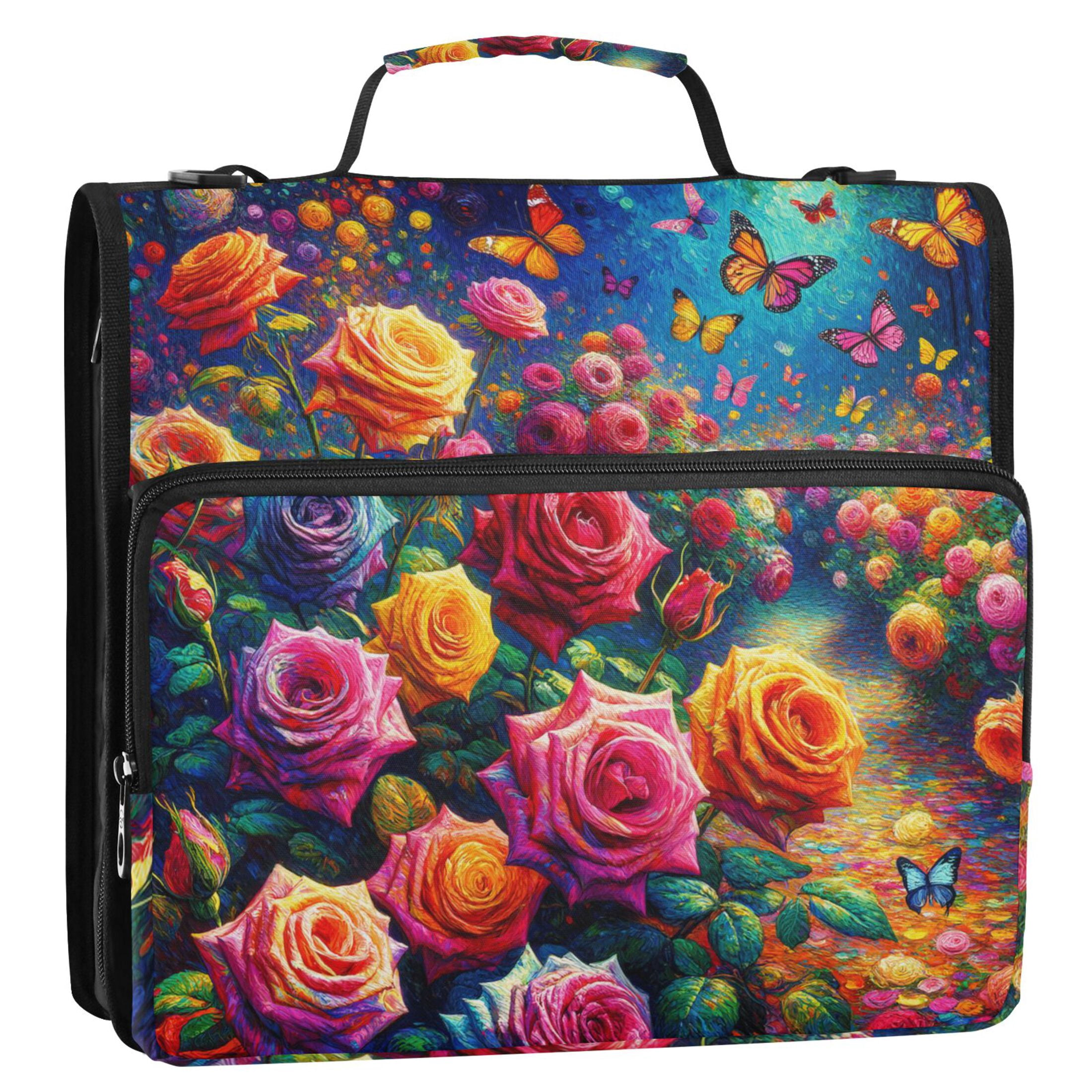 3 Ring Zipper Binder with Shoulder Strap Waterproof Trapper Keeper 2 Inch D-Ring 500 Sheets Capacity Rainbow Rose and Butterflies