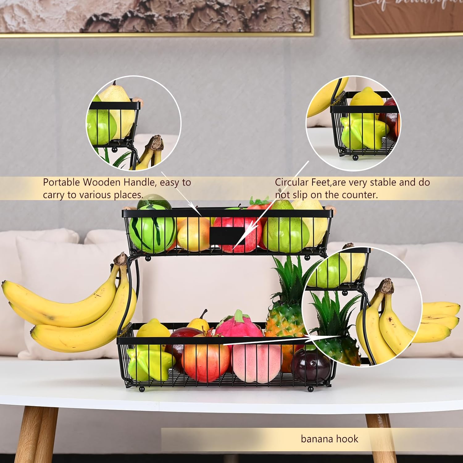 USIONE 2-Tier Detachable Metal Fruit Basket - Wooden Handle & 2 Banana Hangers, Extra Large for Kitchen Counter - Black