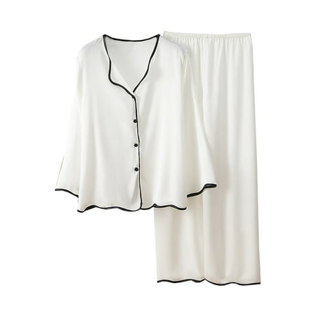 

Pajamas Set for Women Long Sleeve Sleepwear Button Down Nightwear with Long Pants Soft Summer Solid Pjs Lounge Set