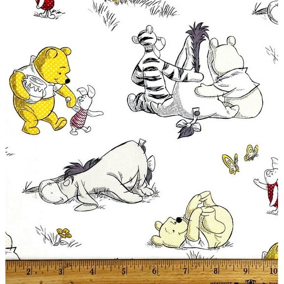 1 Fat Quarter - Winnie the Pooh Piglet Eeyore & Tigger on White Cotton Fabric - 18" X 21"