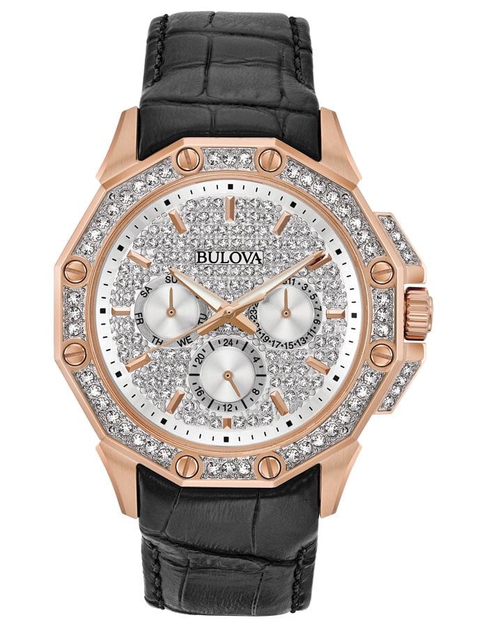 Bulova Swarovski Crystal Mens Watch Pave Dial Rose GoldTone