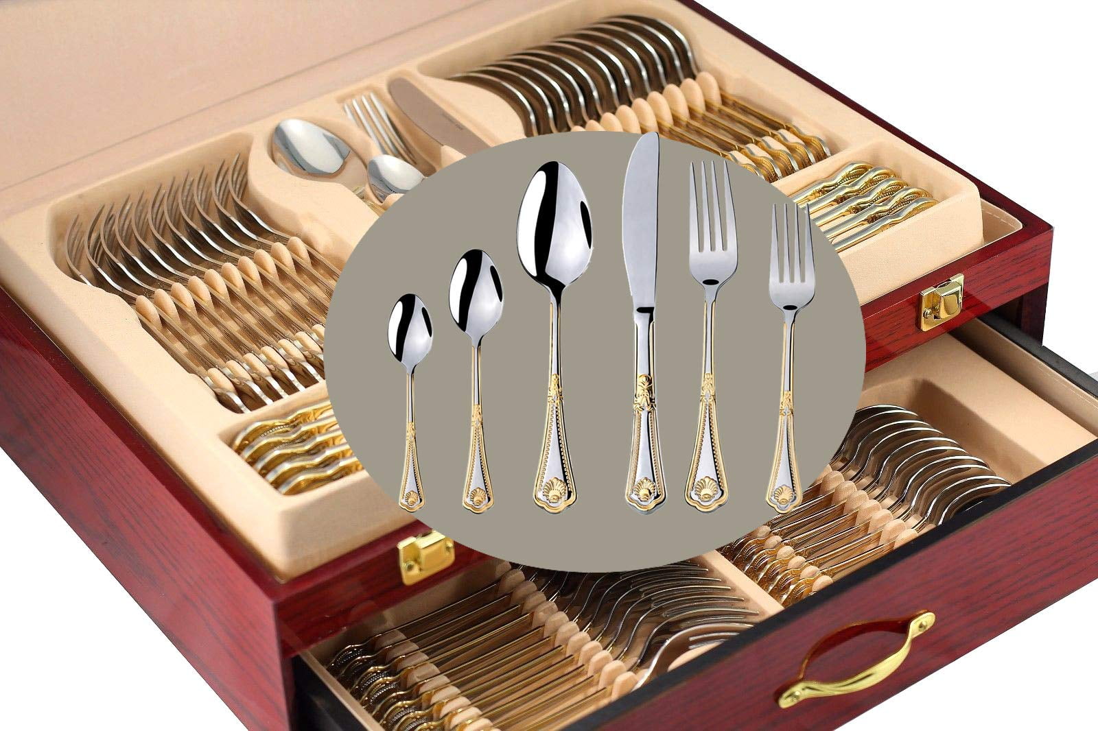 75-Pc Flatware Set 18/10 Stainless Silverware 24K Gold Hostess Service for 12