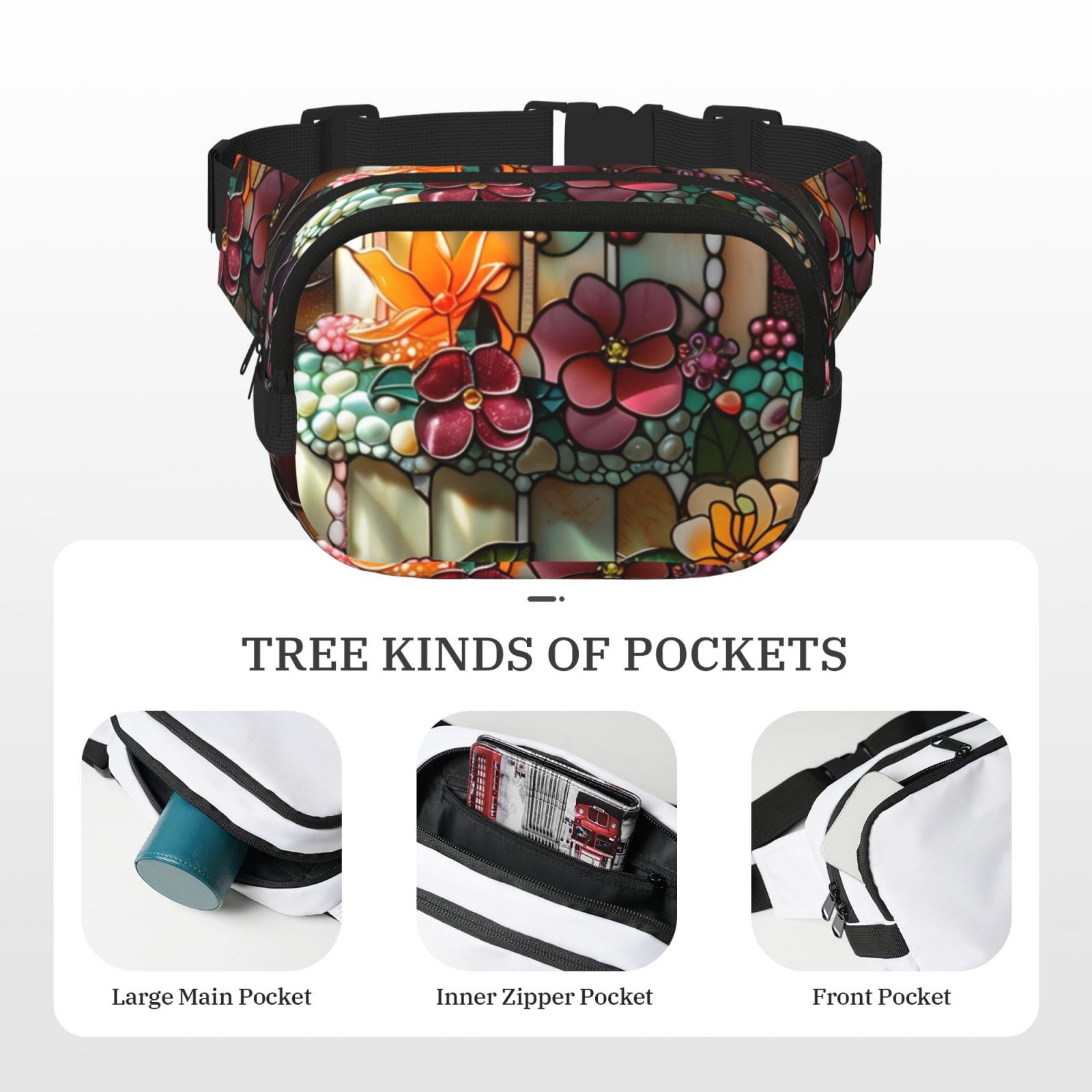 Picia Stained Glass Floral Cake Print Square Double-Layer Waist Bag Mini Adjustable Waist Belt Bag Exercise Running Travel Hiking