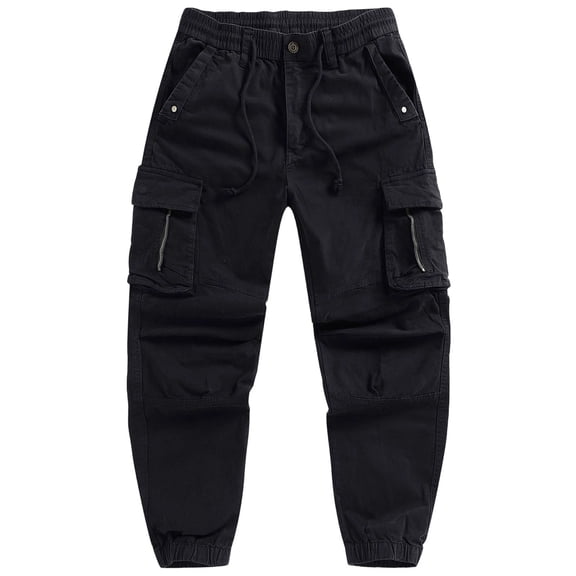 Kakii Men's Cargo Jogger Pants, Solid Color Elastic Waist Drawstring Utility Pants with Multiple Pockets, Tapered Leg Hiking & Casual Pants