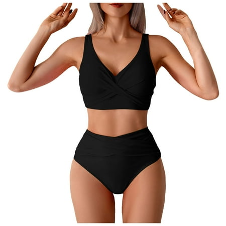 2DXuixsh 2Pcs Women s 2 Piece Bikini Set Summer Tankini Beachwear Belly Covering High Waist Swimsuit Bikini Bottom Swimwear Sexy Two Piece Swimsuit Black Size L
