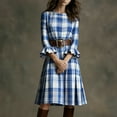 thumbnail image 3 of AUNVITO Women's Plaid Pleated Dress with Round Neck and Bell Sleeves Mid-Length Casual Style, 3 of 8