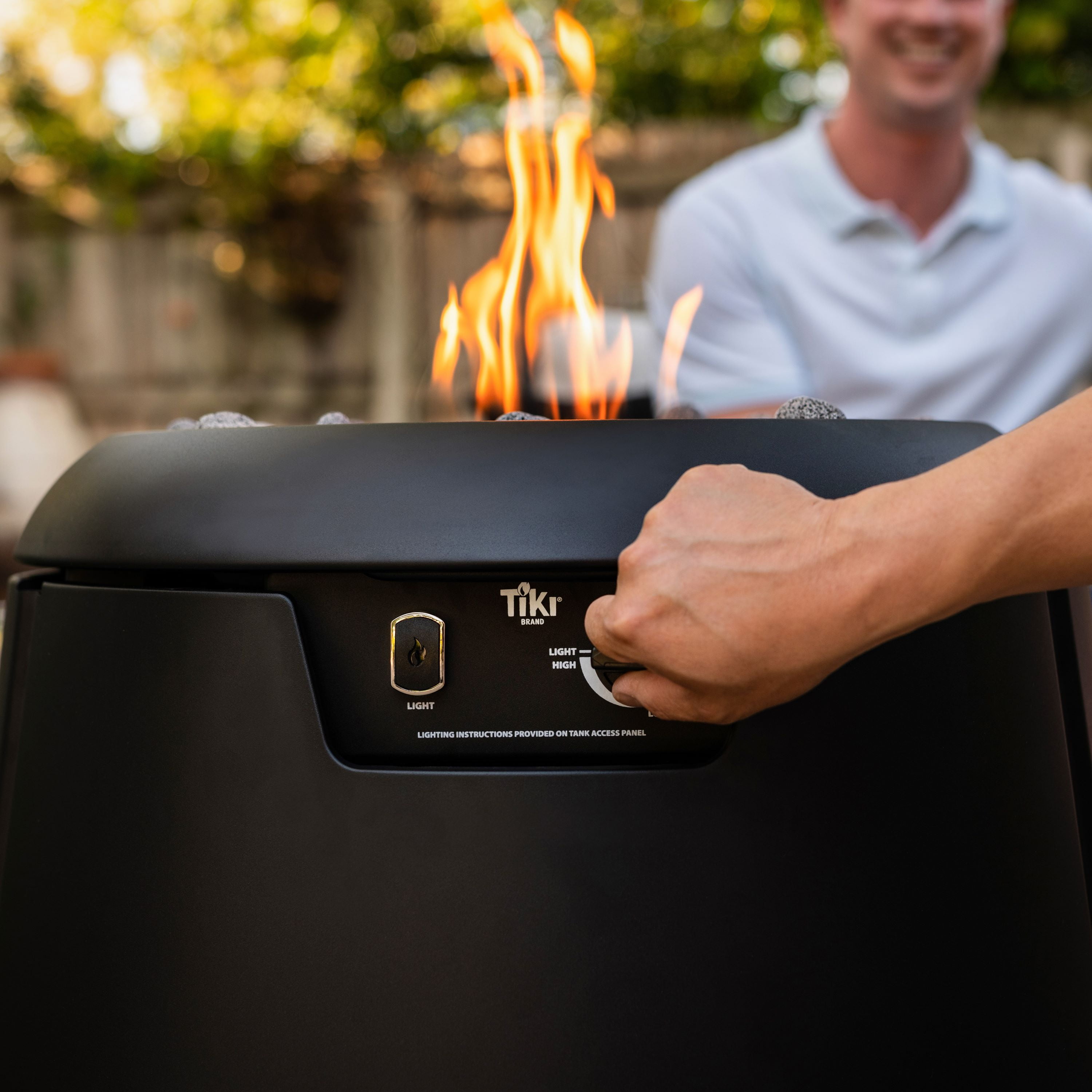TIKI Customizable Propane Fire Pit – 40,000 BTU, 28.5" Outdoor Gas Fire Pit with Burner Cover & Lava Rocks – Modern Black Fire Pit for Backyard & Outdoor Spaces
