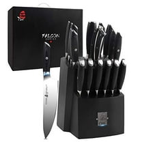 TUO Knife Block Set - 17 PCS Kitchen Knife Set with Wooden Block, Kitchen Knife Set Honing Steel and Shears - German X50CrMoV15 Steel with Full Tang Pakkawood Handle - FALCON SERIES with Gift Box