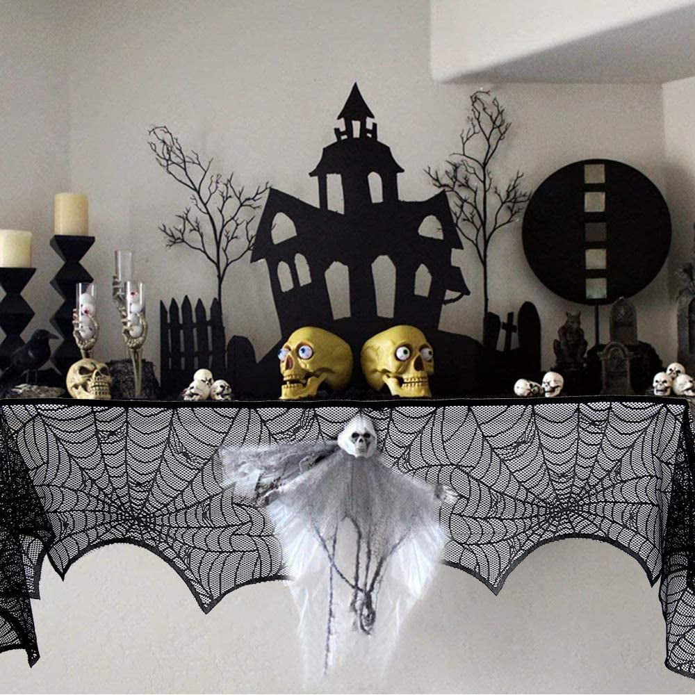 4 Pieces Halloween Decorations Round Lace Table Cover Halloween Lamp Shades and Fireplace Scarf Cover for Party Festival Halloween Tablecloth Spooky Bat Spiderweb Lace Rectangular Tablecloth