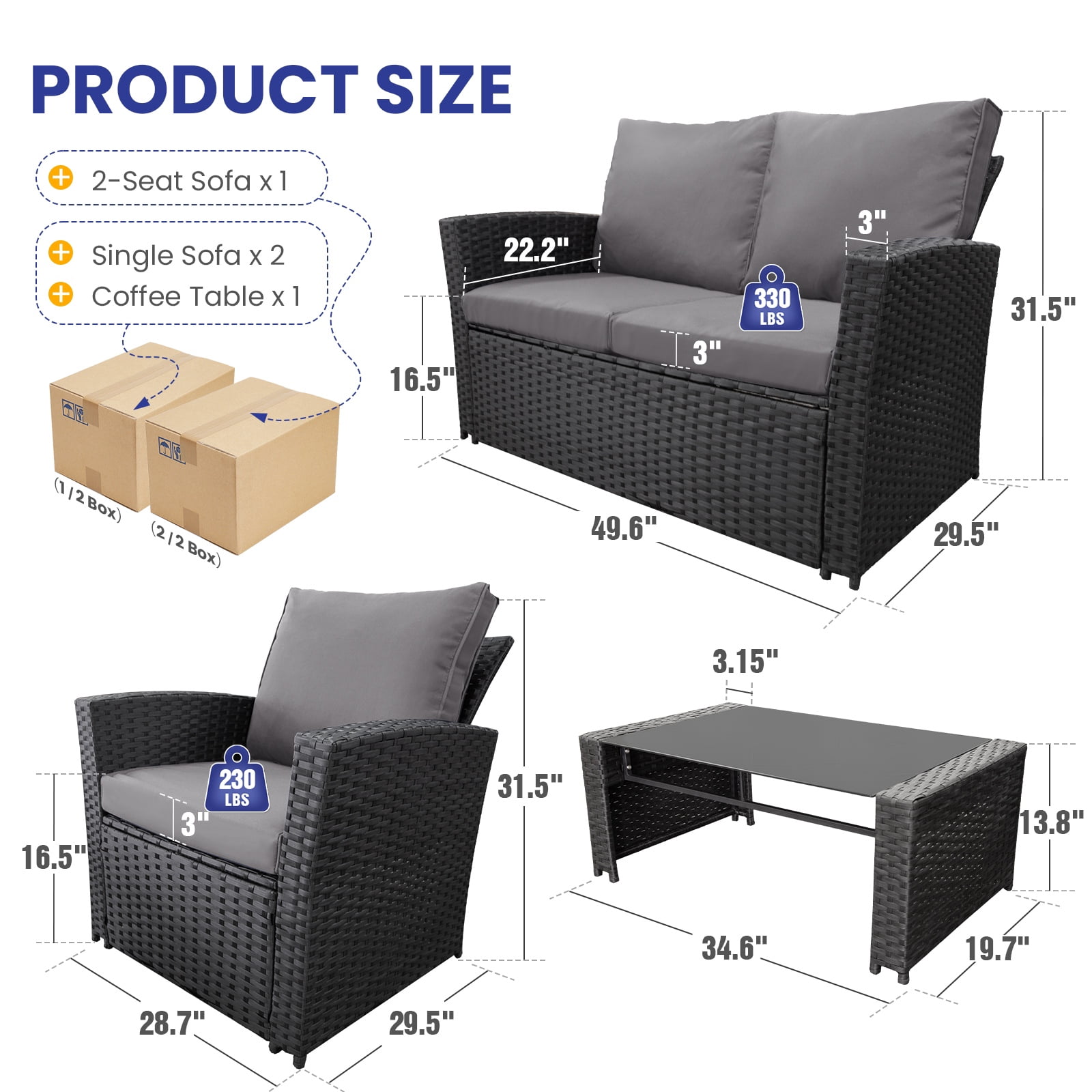 Ainfox 4-Piece Gray Outdoor Wicker Patio Furniture Set, Rattan Sectional Sofa with Cushions & Glass Table