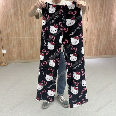 

Sanrio Hello Kitty Pajamas Black Pink Flannel Women Warm Woolen Whitecartoon Casual Home Pants Autumn Fashion Trousers Halloween