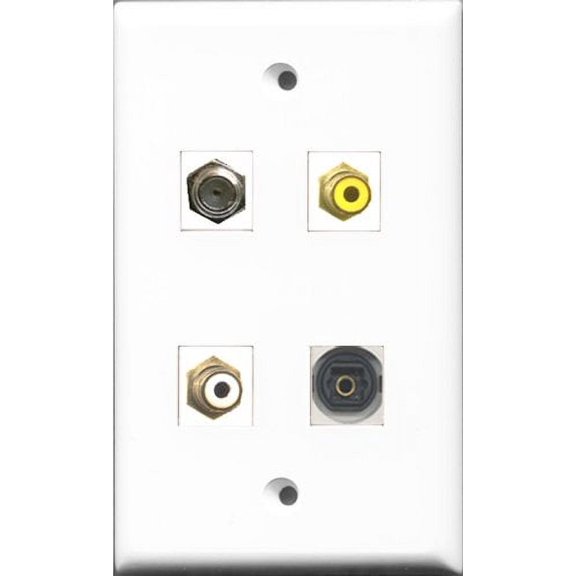 RiteAV 1 Port RCA White and 1 Port RCA Yellow and 1 Port Coax Cable TV- F-Type and 1 Port Toslink Wall Plate