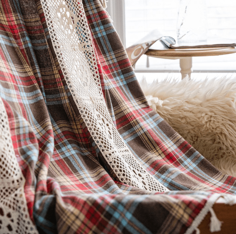 Boho Curtains Plaids for Bedroom, Semi Blackout Linen Farmhouse Tassels Window Treatment Bohemian Drape, Rod Pocket 1 Panel