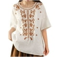 thumbnail image 3 of DDAPJ pyju Floral Embroidered Tops for Women Dressy Casual Round Neck Blouses Cotton Linen Short Sleeve T Shirts Rebajas Hoy Liquidación White XL, 3 of 6