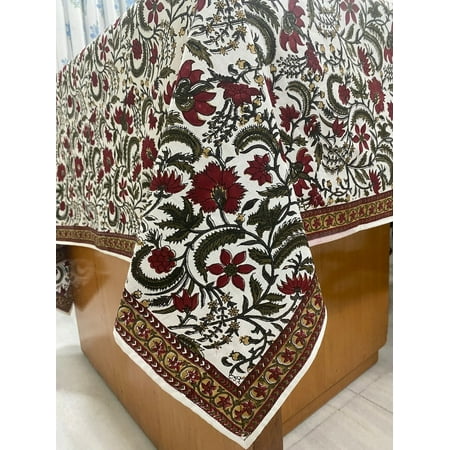 

Prune Red and Army Green Colour Floral Border Design Hand Block Print Cotton Cloth Tablecloth French Tablecloth Farmhouse Wedding Outdoor