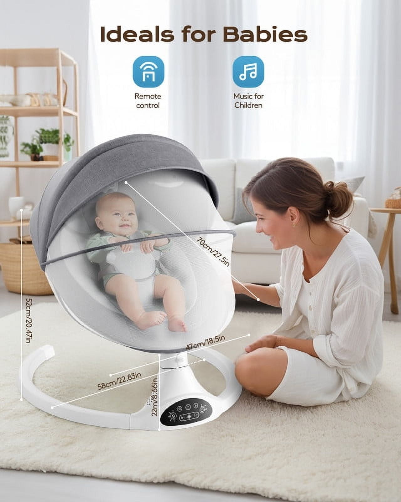 Babyomi Baby Swing for Infants, Bluetooth Control, 5 Speed Settings, 10 Nursery Rhyme, 0-12Months, Gray