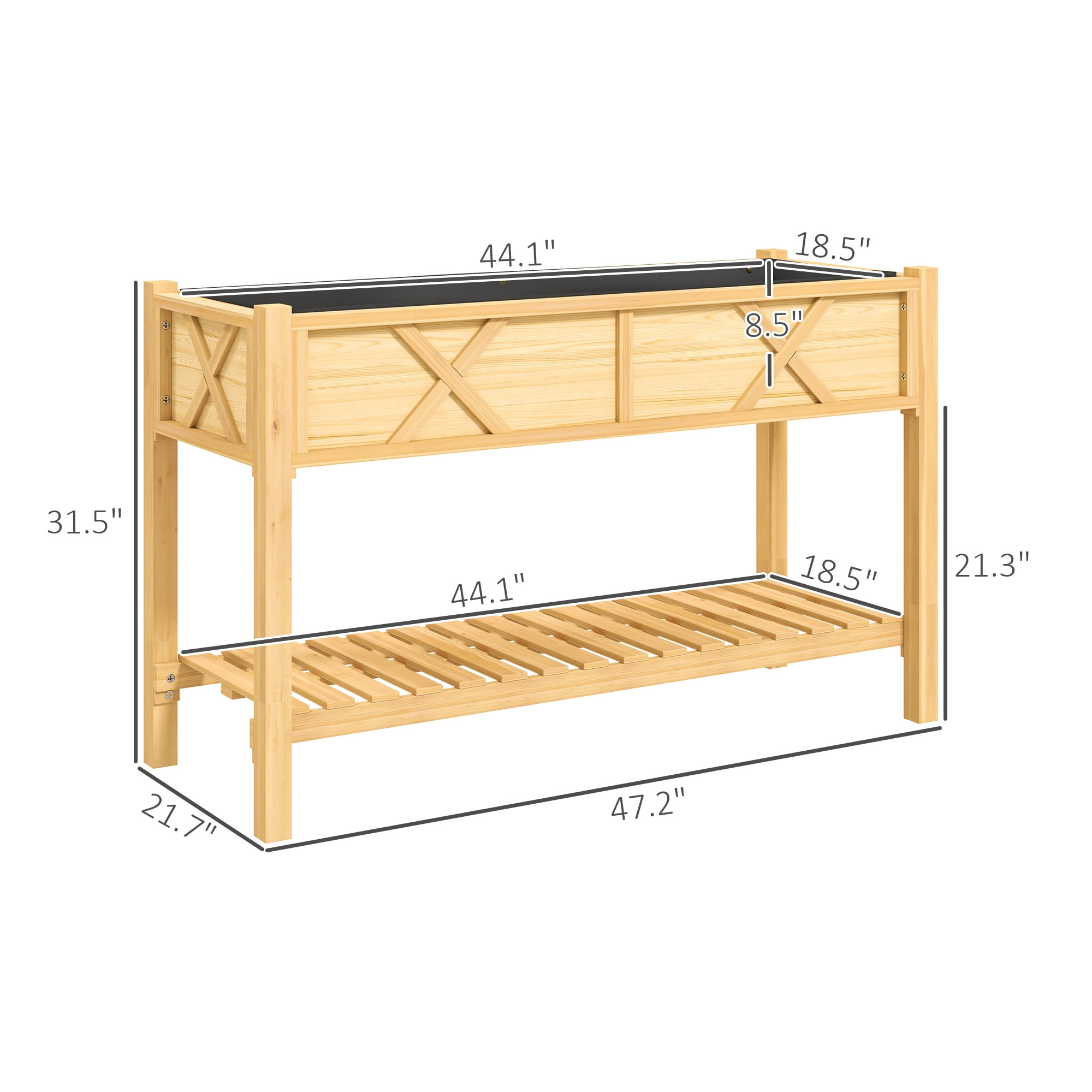 Dual-Tier Elevated Wood Planter Box, Raised Garden Bed with Storage Shelf, Drainage Holes and Liner