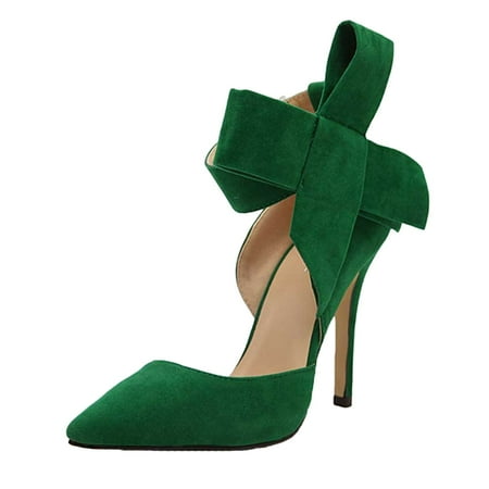 

Ladies Summer Fashion Temperament Big Bow Solid Color Pointed High Heels Flock sandals for Women Green