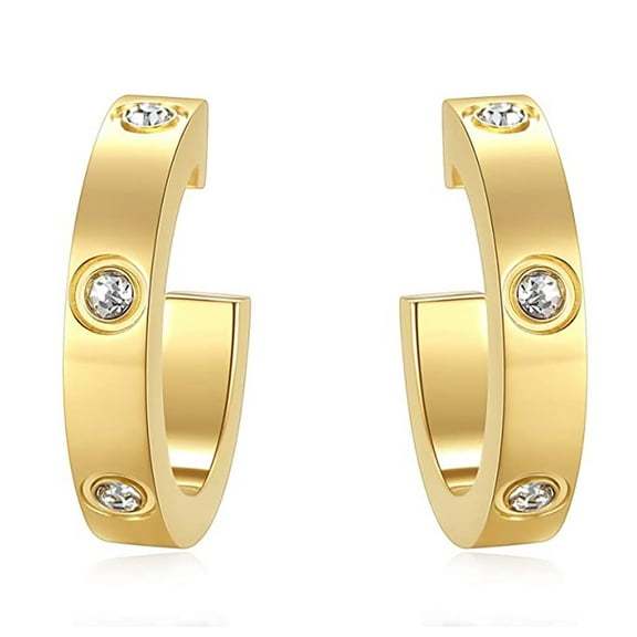 Gold Plated Crystal Half Hoop Stud Earrings Love Huggie Hoops for Women