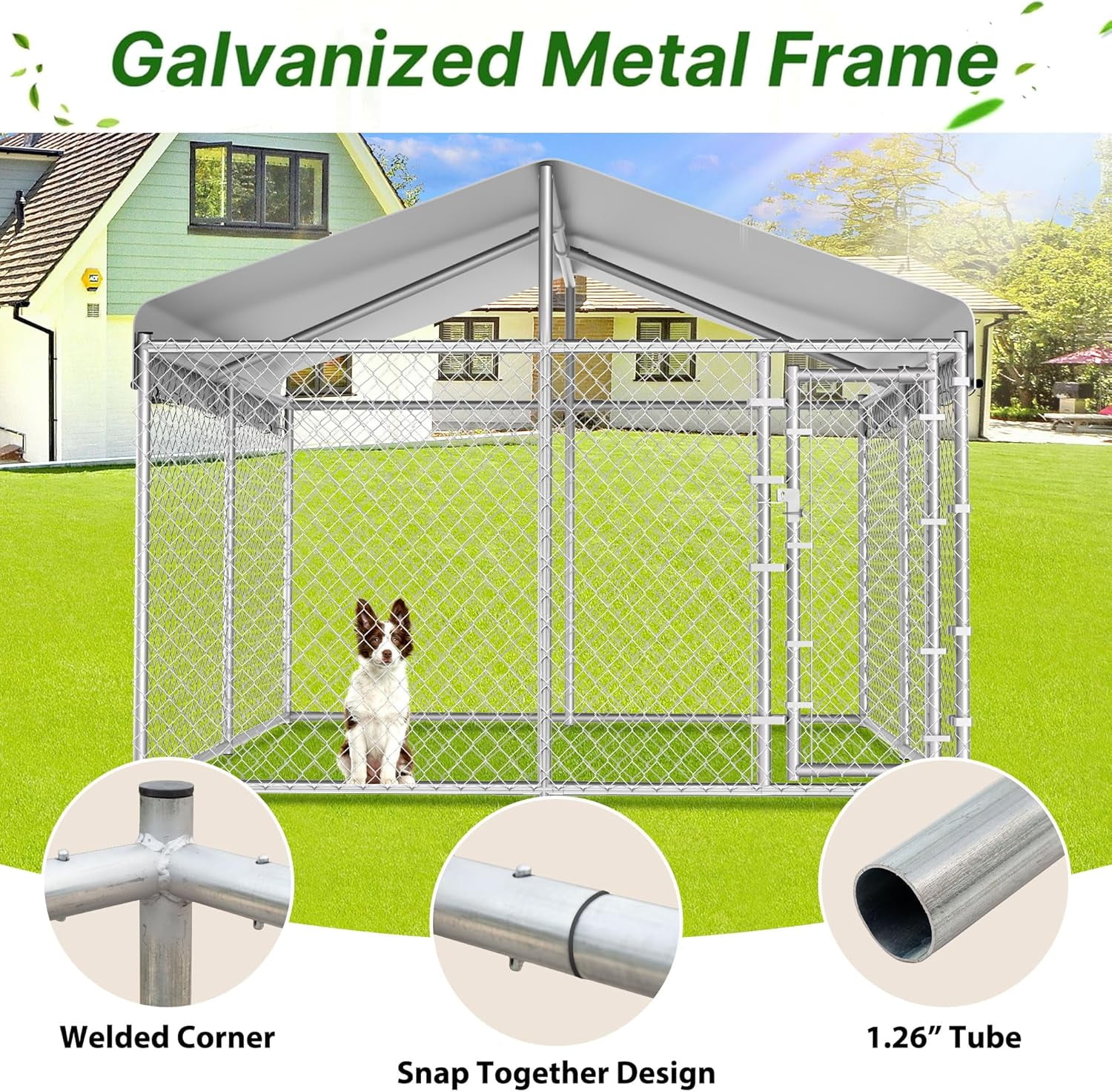 HITTITE Extra Large Outdoor Dog Kennel, 10x10x6.56ft Anti-Rust Dog Kennel Outside with Roof, Galvanized Chain Link Dog Runs for Outside with Secure Lock