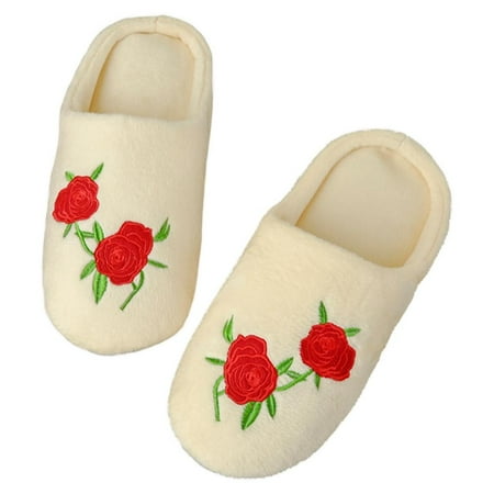 

Men Women House Slippers Indoor Memory Foam Anti-Slip Rose Embroidery Shoes Soft Sole Home Shoes
