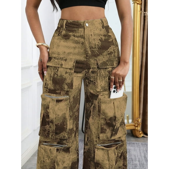 aPAY Jeans for Women Long Denim Cargo Pants Pants Retro Distressed Multi Pocket Design Regular Size