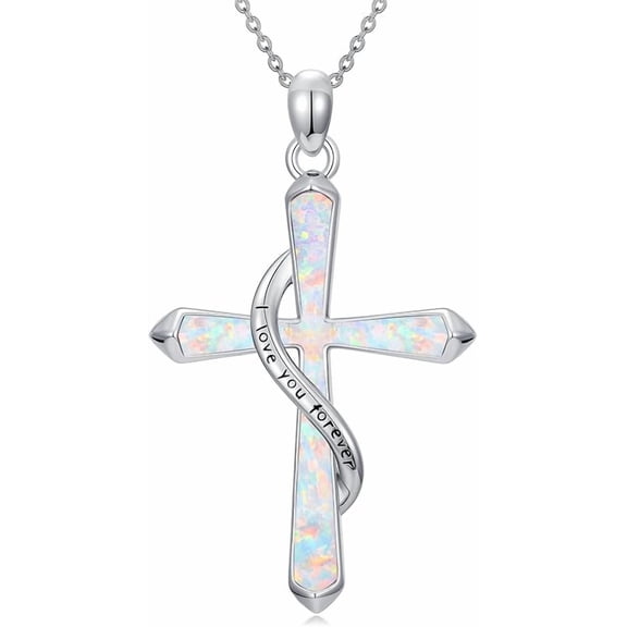 JKR Opal Cross Necklace 925 Sterling Silver I love you forever Pendant Necklaces Faith Jewelry Gifts for Women Her