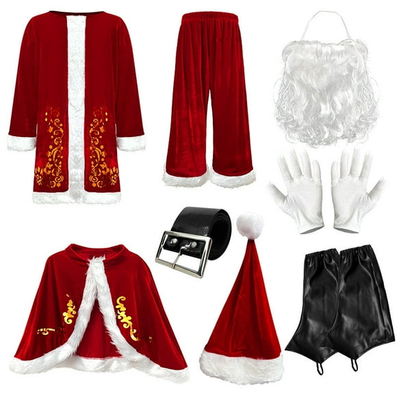 Men’s Santa Claus Costume Set – 12-Piece Christmas Suit with Gold Foil Print, Laser Patent Leather Jacket & Pants, Holiday Performance Outfit