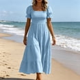 thumbnail image 4 of ClodeEU Women's Square Neck Puff Short Sleeve Smocked High Waist Tiered Ruffle Maxi Dress,Summer Flowy Casual Textured Dress Sky Blue,Women's Plus XXL, 4 of 7