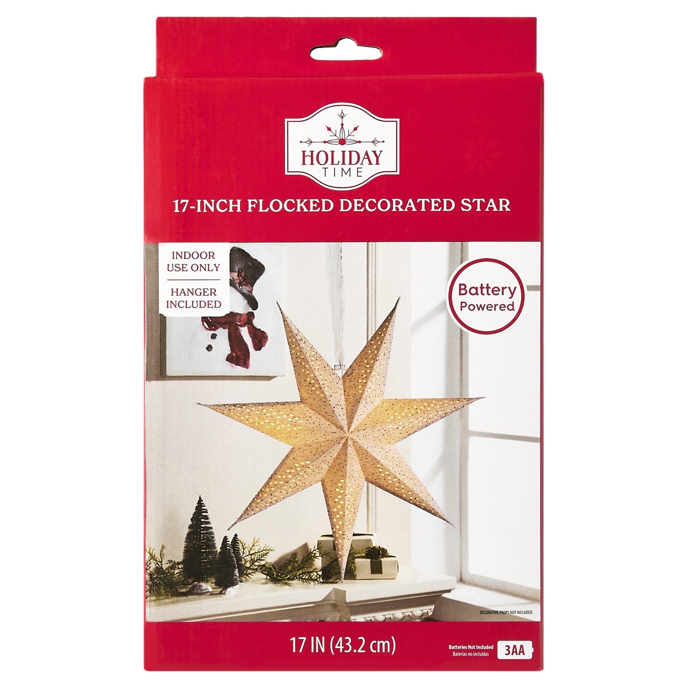Light-Up White Battery-Operated Flocked Star Christmas Hanging Decoration, 17", by Holiday Time