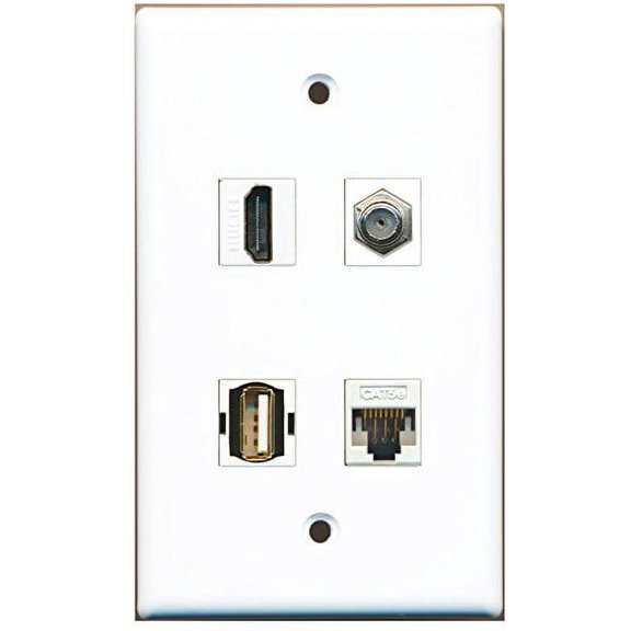 RiteAV - 1 Port HDMI 1 Port Coax Cable TV- F-Type 1 Port USB A-A 1 Port Cat5e Ethernet White Wall Plate