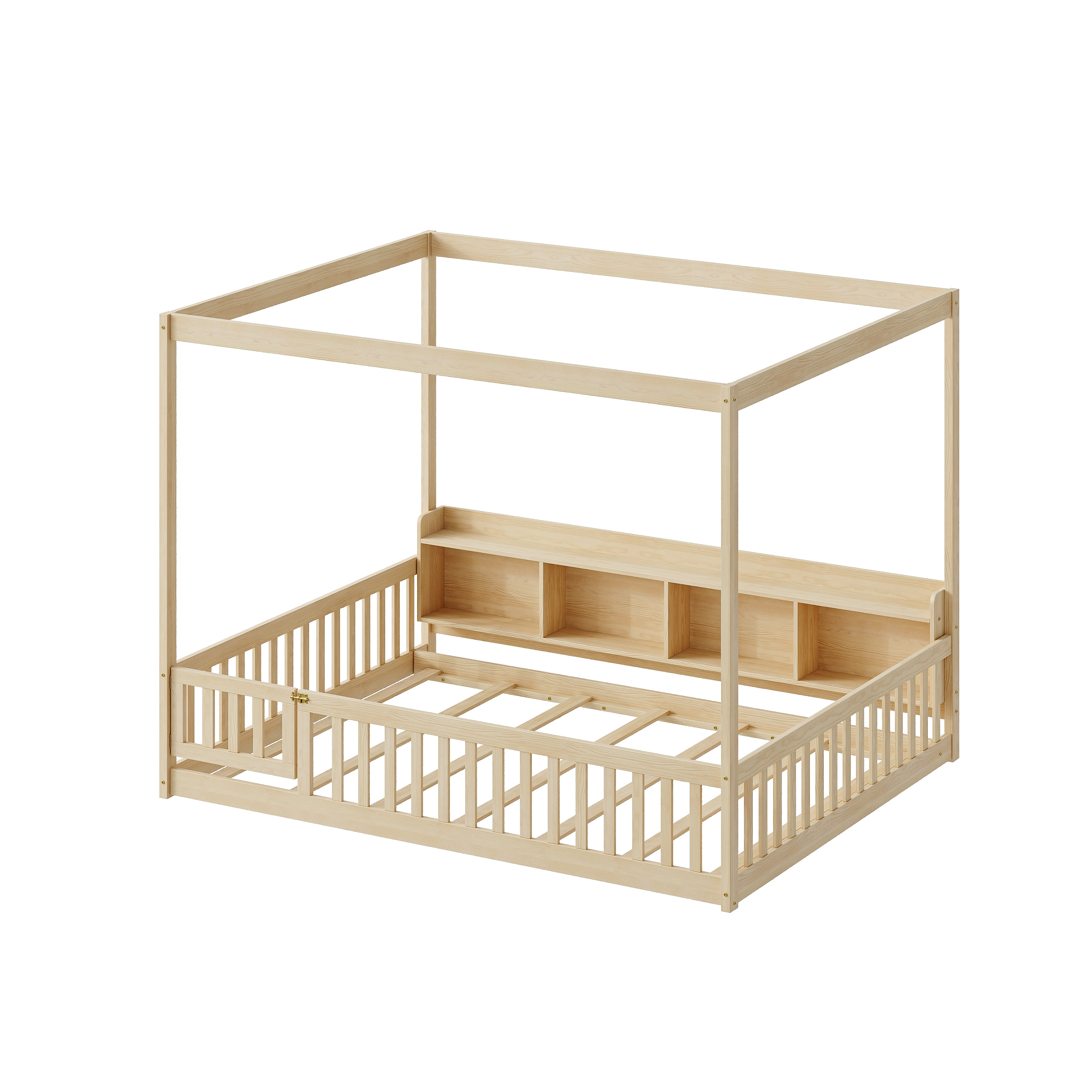 GARITIN Full Size Montessori Floor Bed, Headboard with Open Storage Cubbies, 4-Sided Guardrails with Access Door, Dual-Use Bed for Sleeping & Playing, Natural