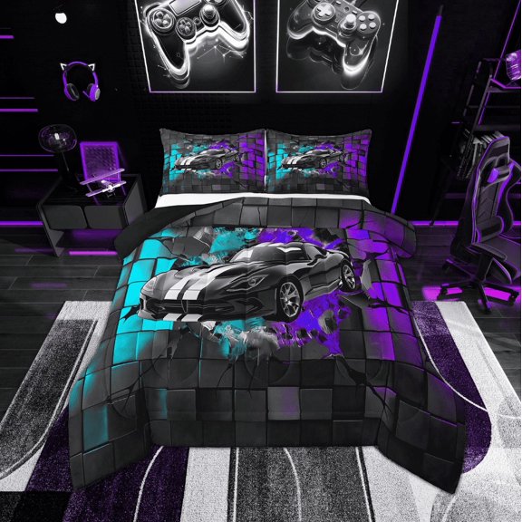 Erosebridal Fast Car Bedding Twin Comforter Set,Extreme Sports Down Comforter,Plaid Buffalo Bedding Sets Twin with Comforter,Super Cozy Teens Bedroom Decor,Reversible,2-Piece