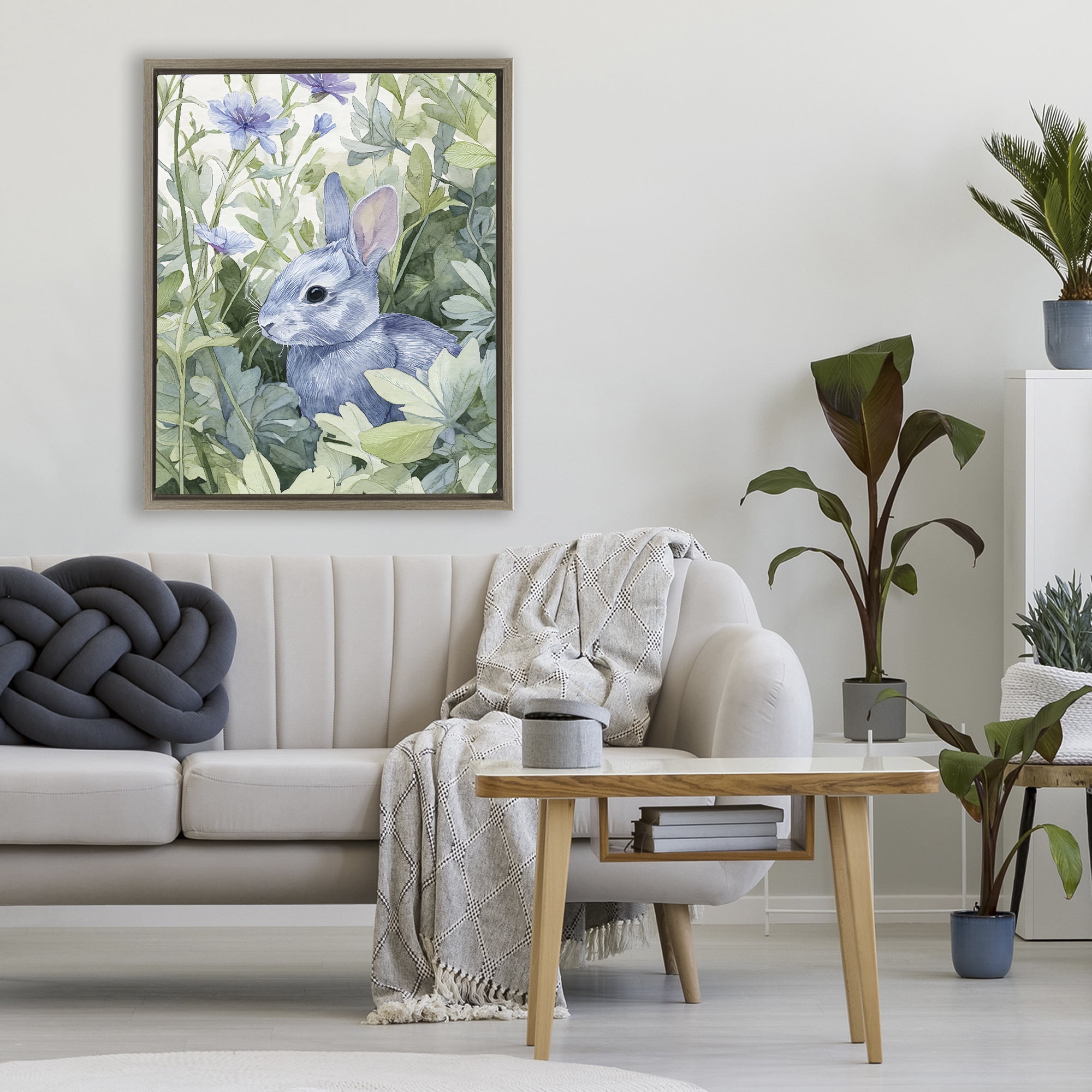 Stupell Industries Blue Bunny Among Leaves Brown Framed Floater Canvas Wall Art, design by Franklyn Gregory