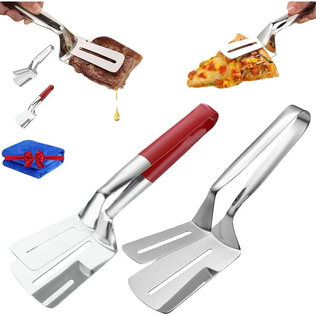 Double-Sided Stainless Steel Grill Clamp Spatula, 10 In Upgrades Anti-Scald Extended Handle Spatula Tongs, All-Purpose Shovel Clip For Oil To Escape/Picking Up Food/Make Flipping Easier (Mix 2Pcs)