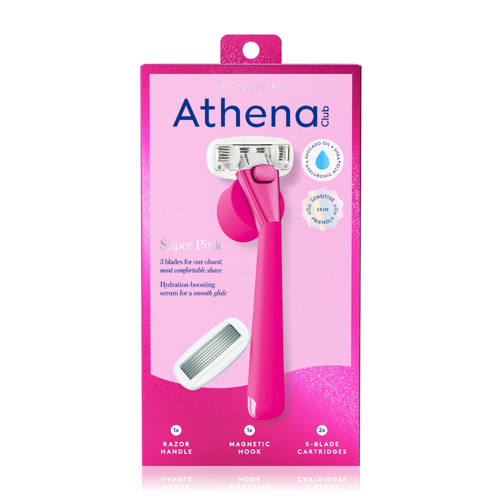 Athena Club Women's Razor Kit - Razor Handle, 2 5-Blade Refills, Shower Holder in Super Pink