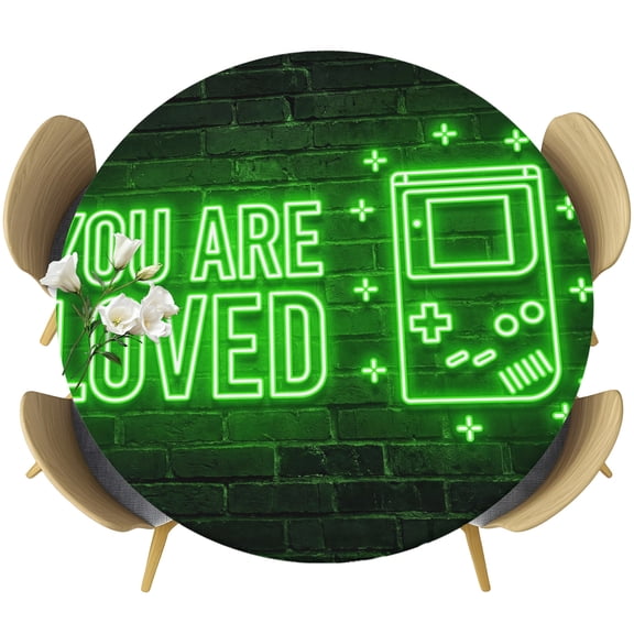 Green Video Game Round Tablecloth 55-60 Inch Round Fitted Table Cloth with Elastic Edge, Black Modern Text Graffiti Brick Waterproof Table Cover Protector for Outdoor Picnic Party Dining