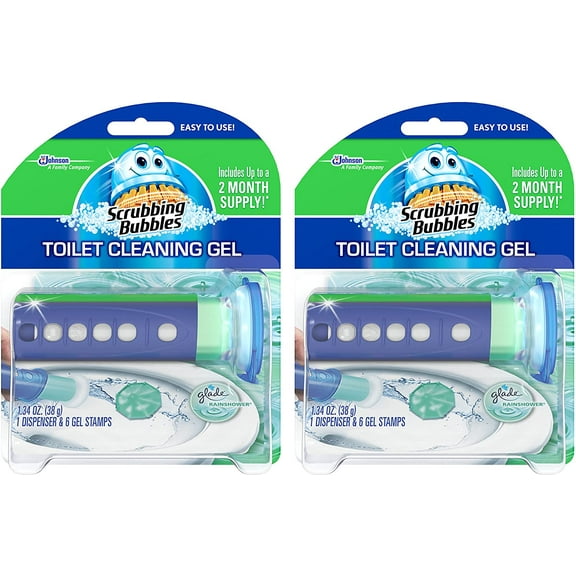 Scrubbing Bubbles Toilet Bowl Cleaning Gel Starter Kit, Includes Dispenser and Gel, Glade Rainshower Scent, 6 Stamps, Pack of 2 (12 Total Stamps)