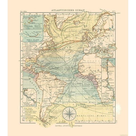 Historic Nautical Map - Atlantic Ocean - Perthes 1914 - 23 x 25.89 - Vintage Wall Art