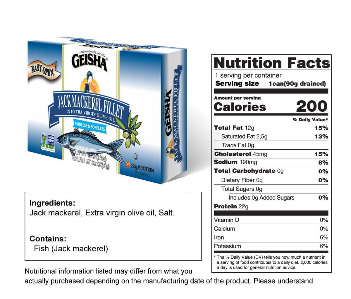 GEISHA Jack Mackerel Fillet In Extra Virgin Olive Oil 4.4oz (Pack of 12)| Omega-3, NON-GMO,22g Protein,Kosher,Extra Virgin Olive Oil,Product of Chile,Zero Trans Fat,No Sugar Added,Wild Caught