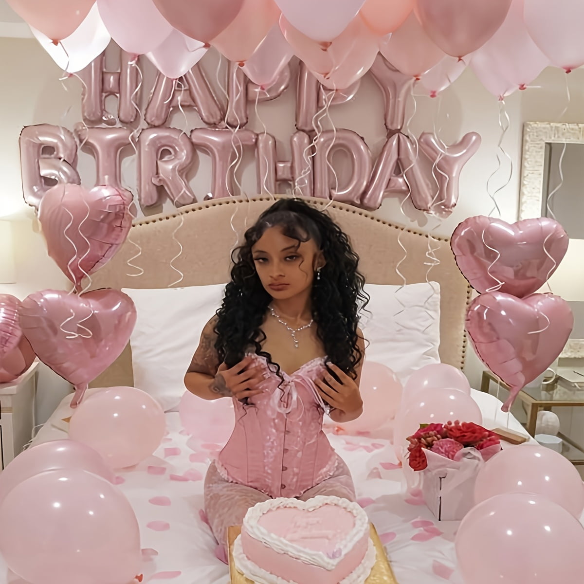 53pcs Pink and White Birthday Balloon Set - Pink Heart-Shaped Latex Balloons with "Happy Birthday" Letter Balloons,Aluminum Film Balloons for Birthday Parties