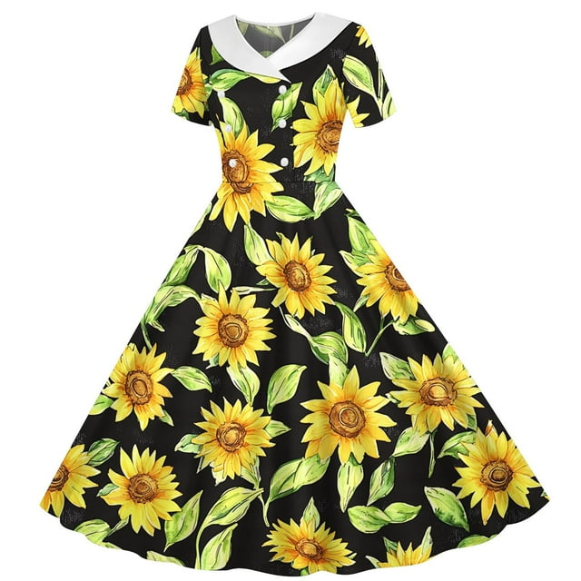 Zpanxa Robes d'Été pour Filles Imprimé Dégradé Manches Courtes Col Rabattu Taille Bouton Robe de Danse Polyester Spandex Noir 7 Ans